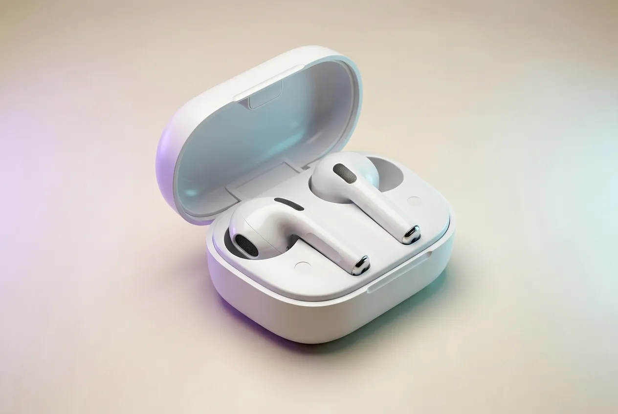 AI-generated editorial illustration of white true wireless earbuds