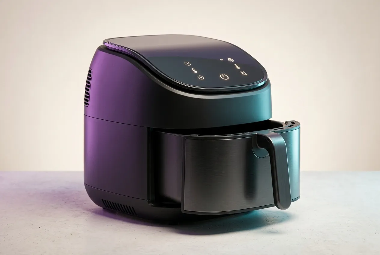AI-generated editorial illustration of a black basket air fryer
