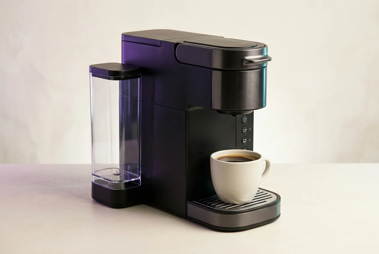 AI-generated editorial illustration of a compact single-serve coffee maker