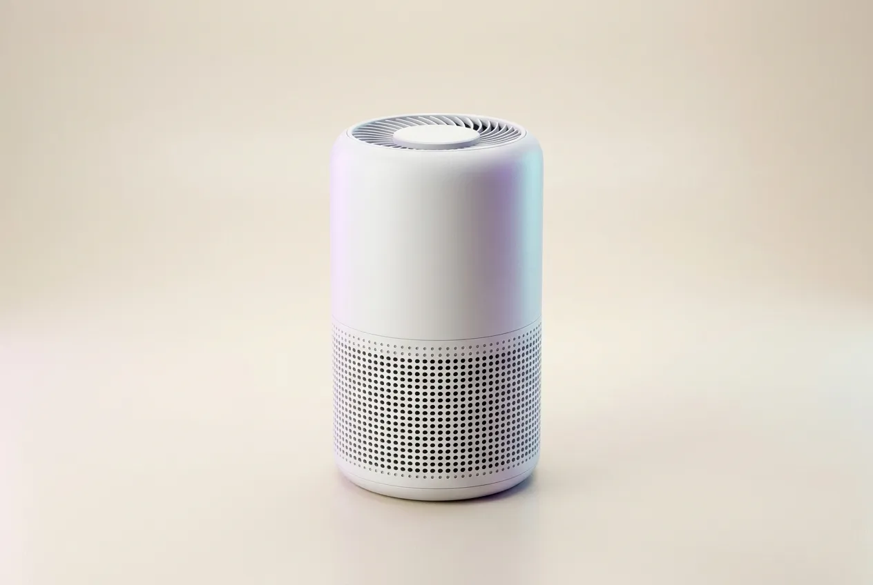 AI-generated editorial illustration of a compact white air purifier