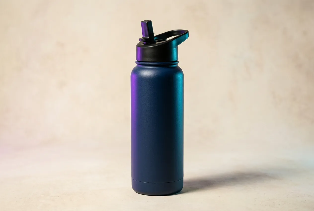 AI-generated editorial illustration of an insulated water bottle