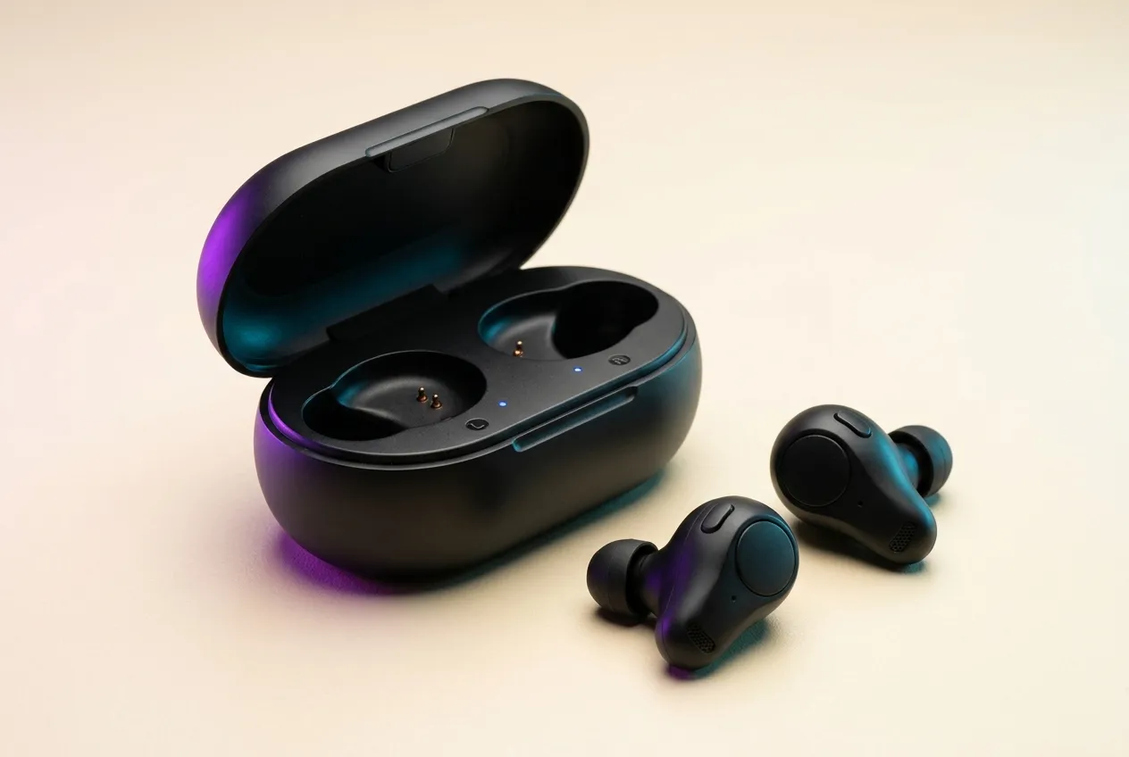 AI-generated editorial illustration of compact black true wireless earbuds