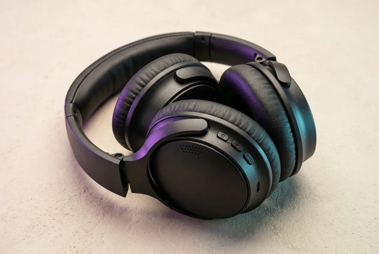 AI-generated editorial illustration of black over-ear headphones